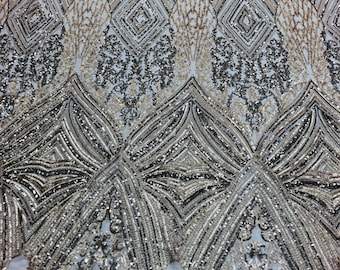 Champagne Geometric Sequins Fabric: 4-Way Stretch Triangular Design