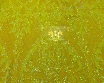 Yellow Iridescent Sequin Fabric: 4-Way Stretch Embroidered Damask Lace