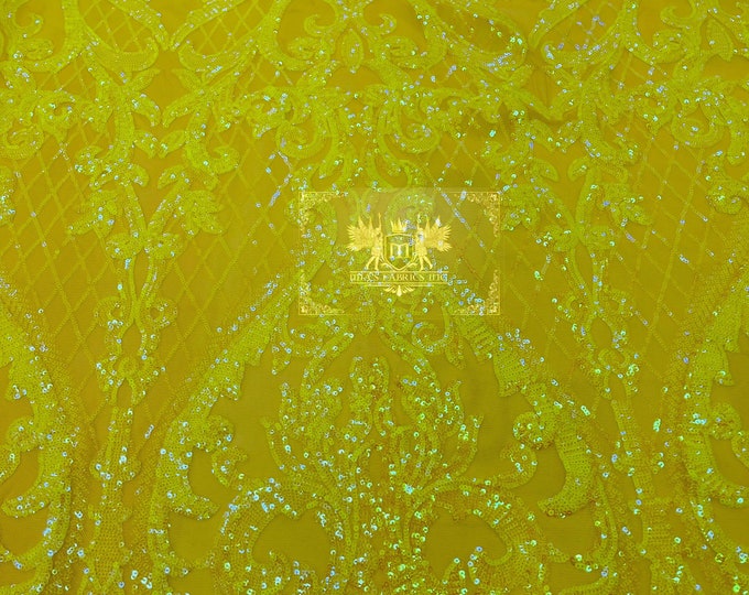 Yellow Iridescent Sequins Fabric | 4 Way Stretch Mesh | Embroidered Damask Design With Iridescent Sequin Lace Prom-Gown by the yard