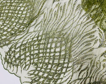 Olive Beaded Damask Fabric, Sequin Appliqué Lace, Bridal Wedding Prom Dress