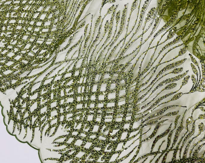 Olive Beaded Fabric by the yard, Bridal Heavy beaded, Damask Pattern With Beads and Sequin, Appliqué lace bridals,weddings,prom dress