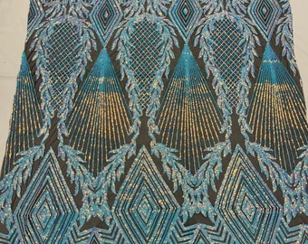 Iridescent Aqua Sequins on Black Mesh - 4 Way Stretch Geometric Diamond Design on Mesh Fabric for Prom Gala Gown By The Yard