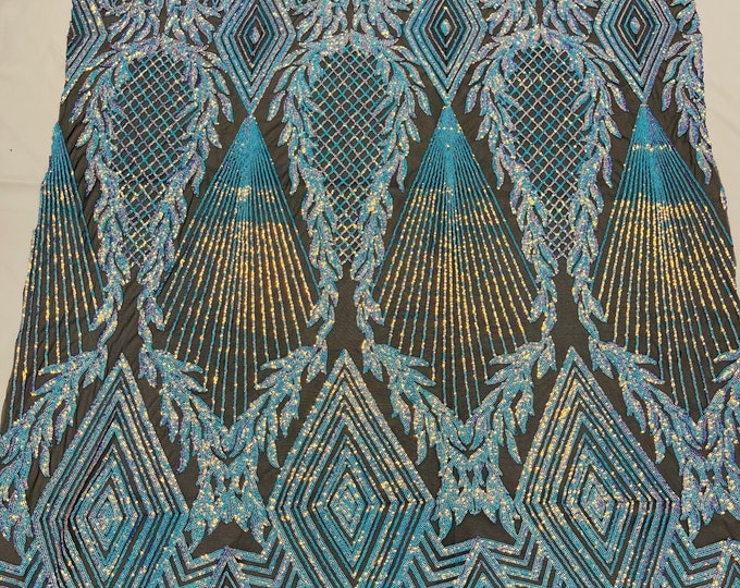 Iridescent Aqua Sequins on Black Mesh - 4 Way Stretch Geometric Diamond Design on Mesh Fabric for Prom Gala Gown By The Yard