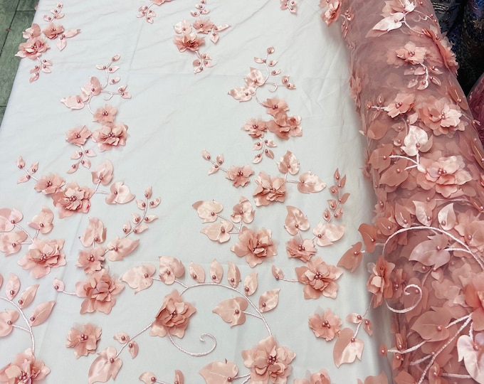 Dusty Rose 3D Floral Design Embroider and Beaded With Pearls On a Mesh Lace-Prom-Dress By The Yard