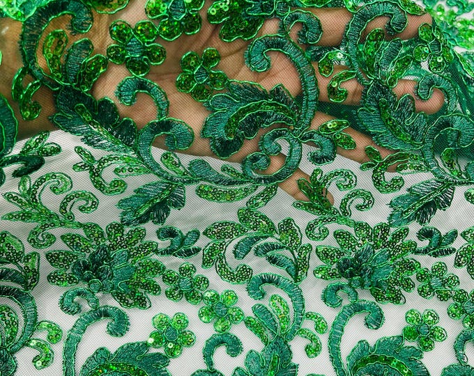 Hunter Green Metallic Corded Flower Lace Fabric by the yard: Embroider With Holographic Sequins Fabric