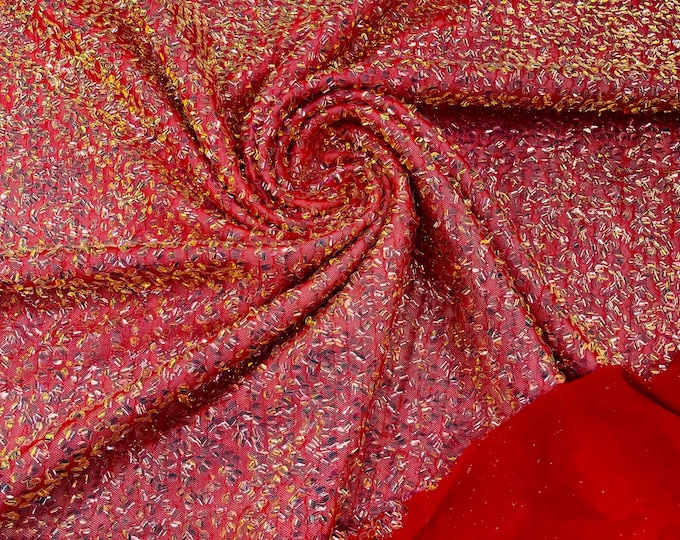 Mia Clear Iridescent Sequin Fabric on Red Power Mesh, 4 Way Stretch Sequins Fabric By The Yard (Choose The Size)