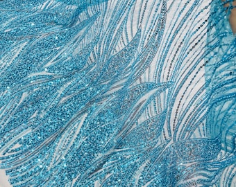 Turquoise Beaded Lace Fabric: Embroidered Mesh, Bridal Wedding Dress - Sold By The Yard