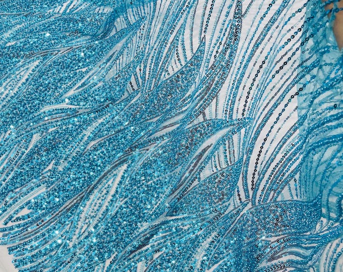 Turquoise Beaded Lace Fabric: Embroidered Mesh, Bridal Wedding Dress - Sold By The Yard