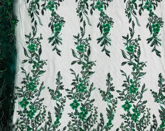 Hunter Green Flower Beaded Fabric: Embroidered Bridal Lace by the yard
