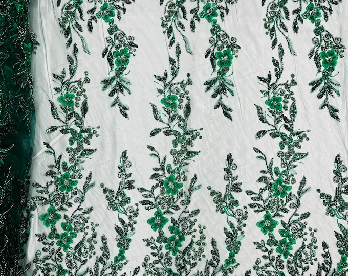 HUNTER GREEN Flower Beaded Fabric - Embroidered Beaded With Sequins Wedding Bridal Fabric Sold By The Yard