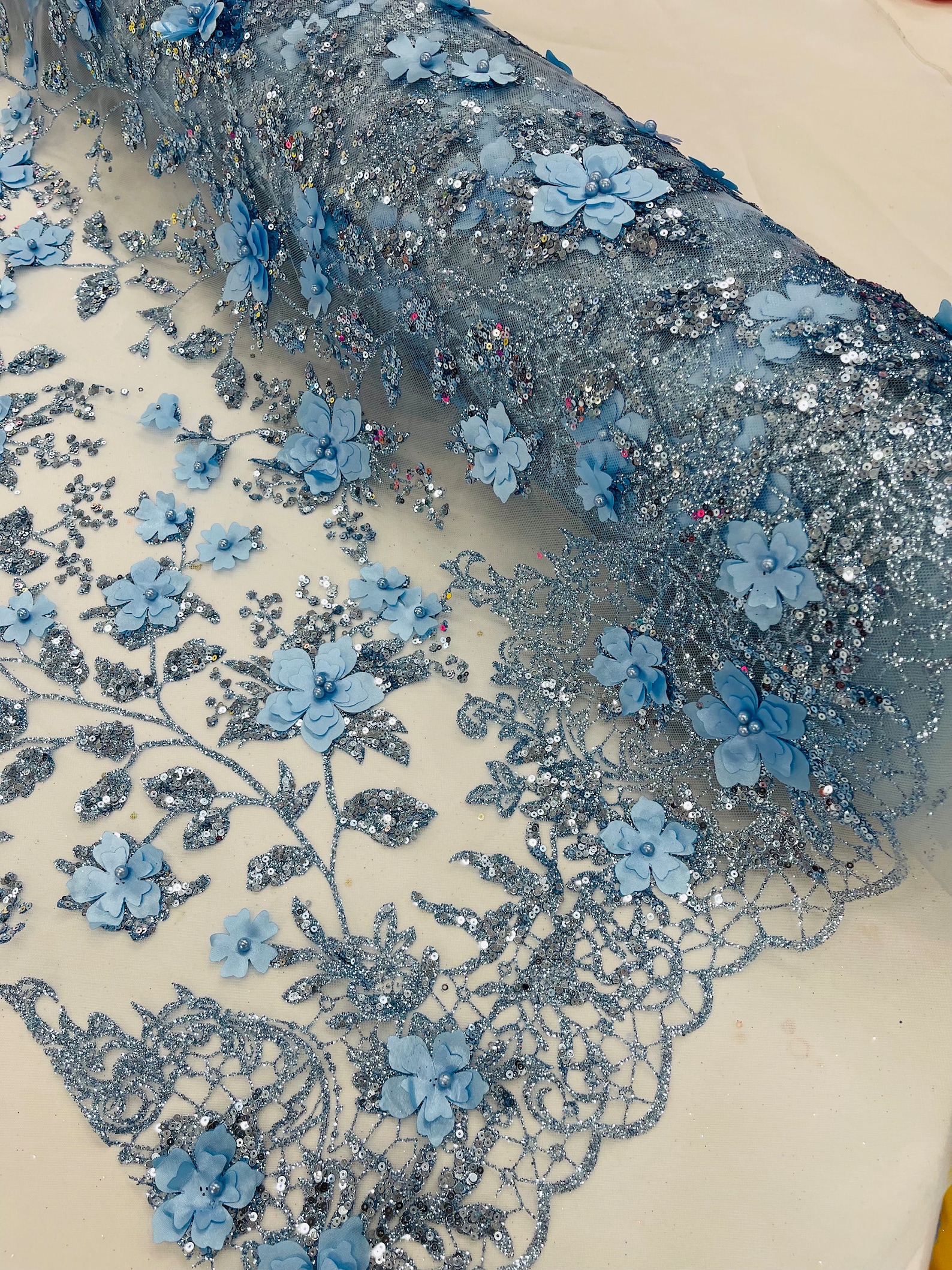Baby Blue 3D Flower Sequin Fabric, Glitter Floral Mesh, Wedding Dress ...