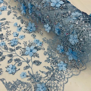 Baby Blue 3D Flower Sequin Fabric, Glitter Floral Mesh, Wedding Dress ...