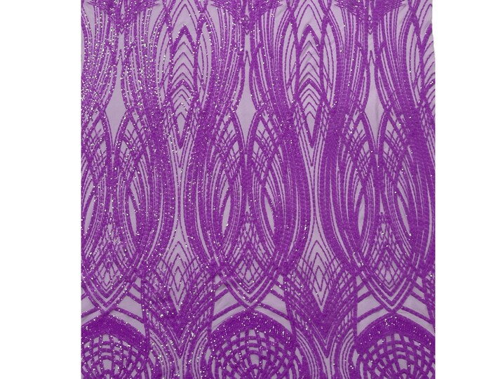 Neón Grape Sequins Fabric | 4 Way Stretch Fancy Big Damask Design Sequins on Spandex Mesh Prom Gala Gown Fabric By The Yard
