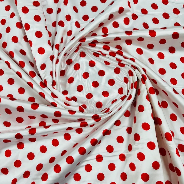 Mia Fabrics Inc, Polka Dot Satin Fabric - White/Red Dots - Super Soft Silky Satin Polka Dot Fabric Sold By Yard