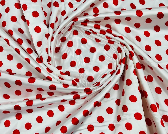 Mia Fabrics Inc, Polka Dot Satin Fabric - White/Red Dots - Super Soft Silky Satin Polka Dot Fabric Sold By Yard