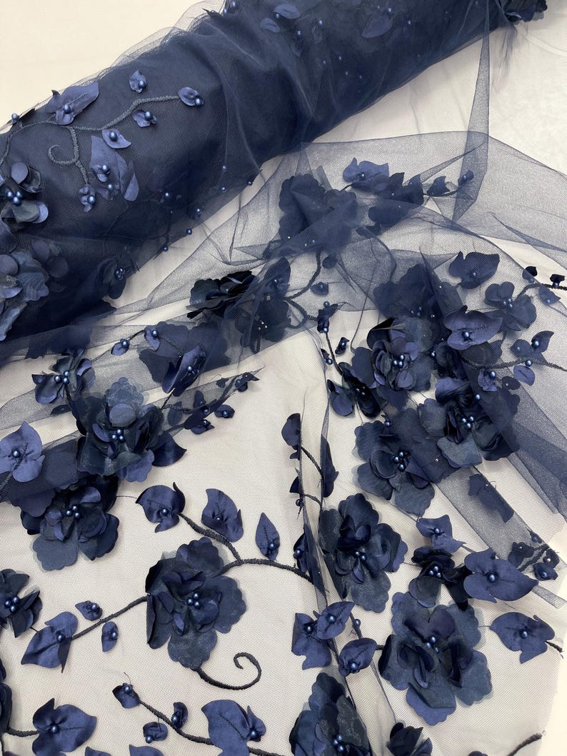 Navy Blue 3D Floral Lace Fabric With Pearls: Orquidia Design - Etsy