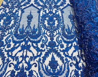 Royal Blue Beaded Fabric - by yard - Embroidered Damask Pattern With Pearls and Beads on Mesh Lace Fabric Wedding