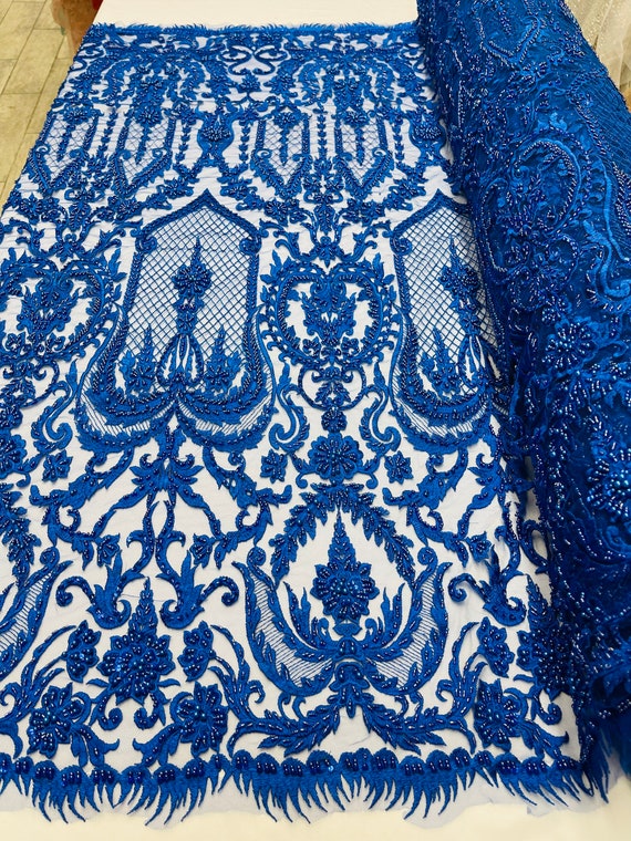 Royal blue beaded lace fabric discount