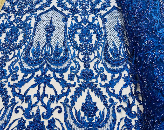 Royal Blue Beaded Fabric - by yard - Embroidered Damask Pattern With Pearls and Beads on Mesh Lace Fabric Wedding