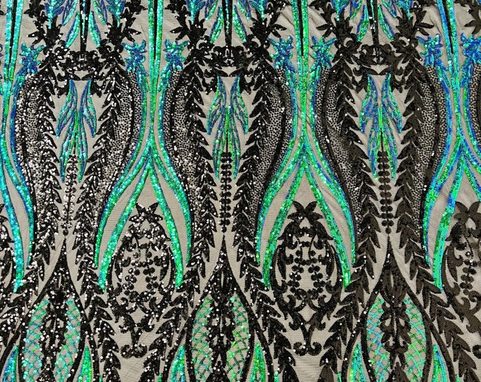 Green Iridescent/Black Sequins Fabric by the yard (Pick a Size) Tow Tone 4 Way Stretch Damask Design Sequin Fabric