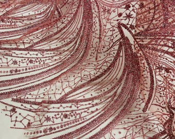 Dusty Rose Silver Rhinestones Glitter Fabric on a Mesh By The Yard | Fashion Desing Glitter Rhinestones on Mesh Fabric, Wedding Bridal/Prom