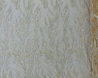Beige Embroidered Beaded Fabric: Wavy Plant Design, Bridal Wedding Fabric By The Yard