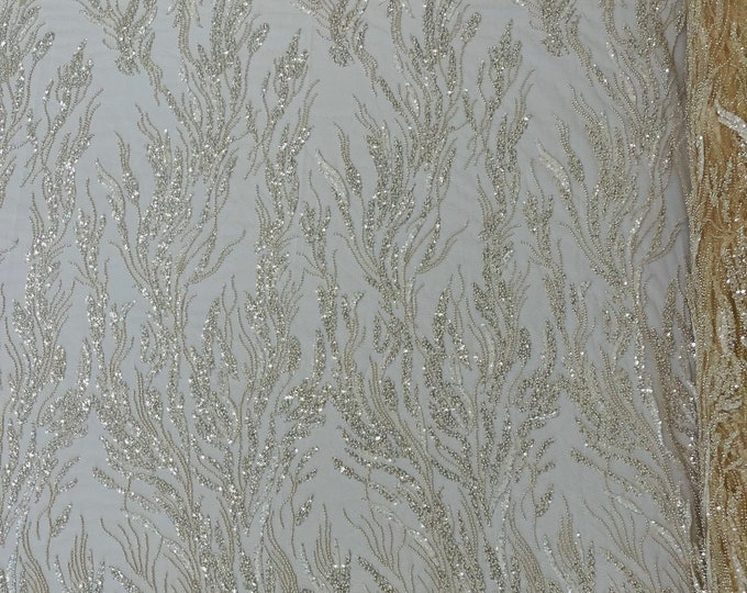 Beige Wavy Plant Lines Beaded Fabric - Embroidered Beaded Wedding Bridal Fabric Sold By The Yard