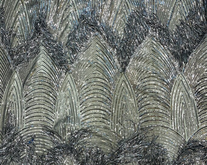 Gray Fringe Sequins on a Mesh, Gray Fringe Design Embroidered on 2 Way Stretch Fancy Sequin ( Choose The Size )
