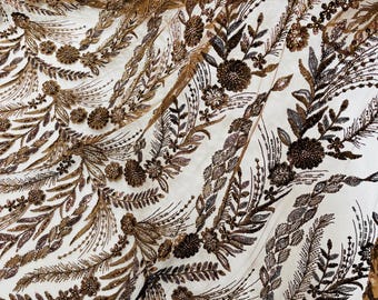 Brown Floral Beaded Lace Fabric: Embroidered Mesh, Bridal Wedding Dress