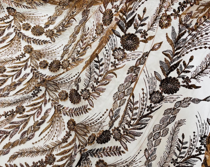Brown Floral Design Beads and Sequins, Lace Beaded Sequin Floral & Leaves Embroidered on a Mesh Lace,Wedding,Bridal,Dress By The Yard