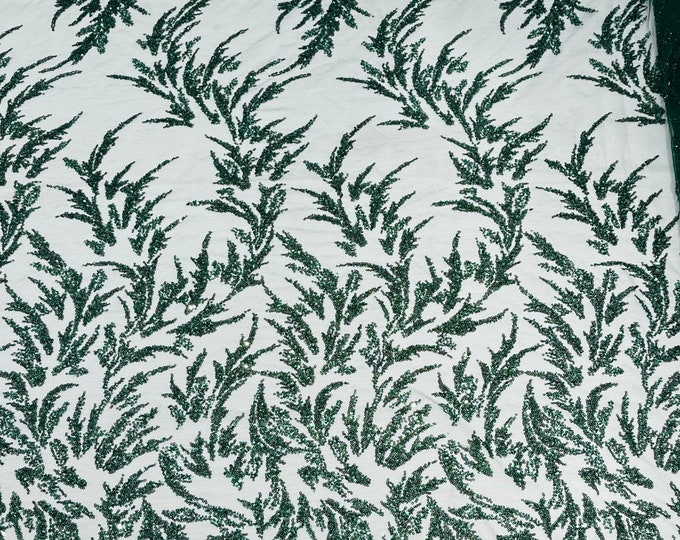 Hunter Green Leaf Pattern Beaded Fabric by the yard (Pick a size ) Mesh Embroidered Floral Beaded Wedding Bridal Fabric
