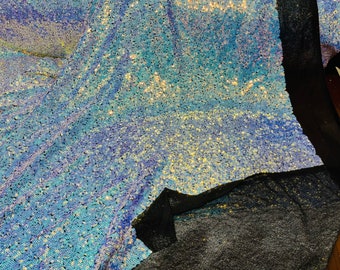 Iridescent Unicorn Mini Glitz Sequins on Black Spandex Mesh,4Way Stretch Sequin Fabric Dresses-Nightgowns-Prom Gown (Choose The Size)