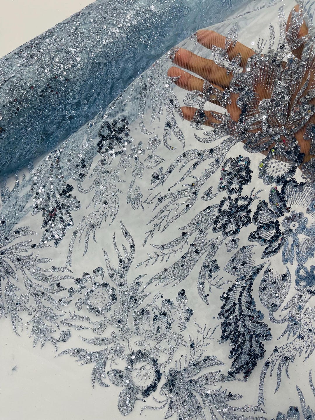 Baby Blue Glitter Sequin Mesh Lace Fabric, Wedding Decor Fabric Bridal ...