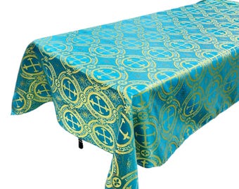 Turquoise Gold Cross Brocade Tablecloth: Religious Liturgical Fabric