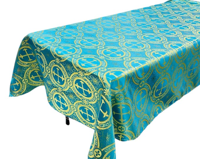 Turquoise Gold Religious Brocade Tablecloth Liturgical Fabric, Ecclesiastical Jacquard Tablecloth, Church Vestment, Cross Brocade Tablecloth