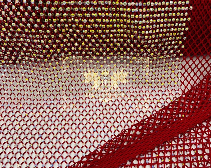 Iridescent Rhinestones Fabric by the yard On Wine Stretch Net Fabric, Spandex Fish Net with Crystal Stones