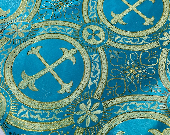 Turquoise & Gold Cross Brocade Fabric: Liturgical Jacquard, 58/60" Wide