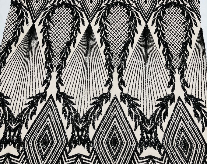 Black Sequins on Nude Mesh - 4 Way Stretch Geometric Diamond Design on Mesh Fabric for Prom Gala Gown By The Yard