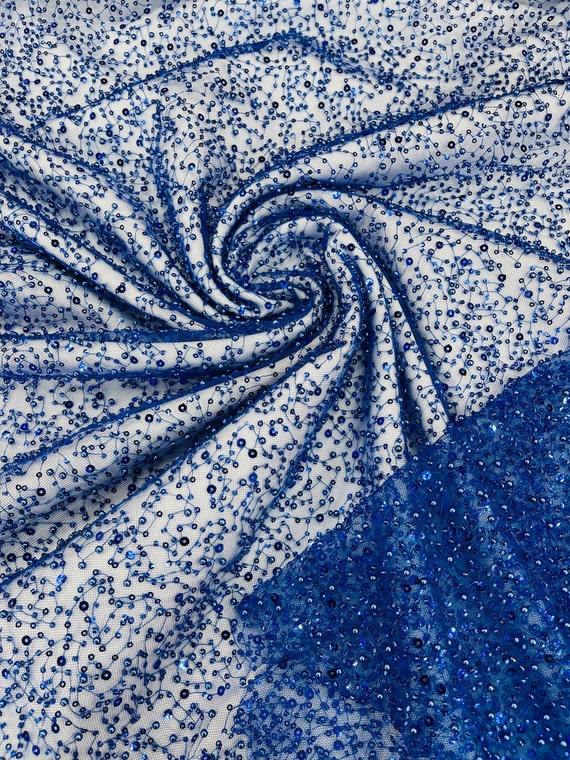 Royal Blue Beaded Mesh Lace Embroidery Beaded Fabric by the Yard