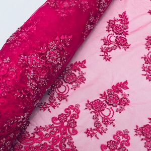 Fuchsia Floral Cluster Beaded Fabric - Embroidered Flower Beaded Fabric Wedding Bridal Sold By The Yard