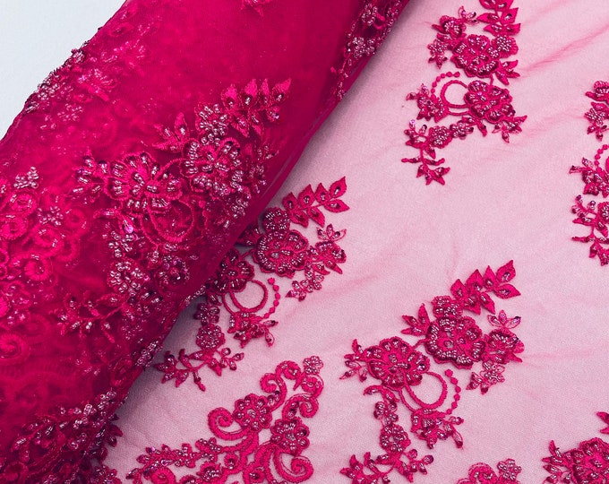 Fuchsia Floral Cluster Beaded Fabric - Embroidered Flower Beaded Fabric Wedding Bridal Sold By The Yard
