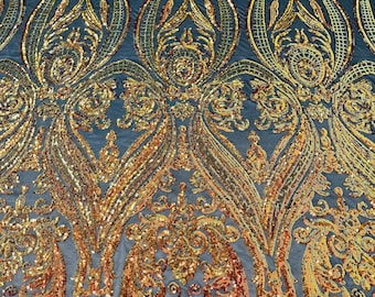 Orange Iridescent Sequins Fabric: Black Spandex Mesh, Damask Design By The Yard