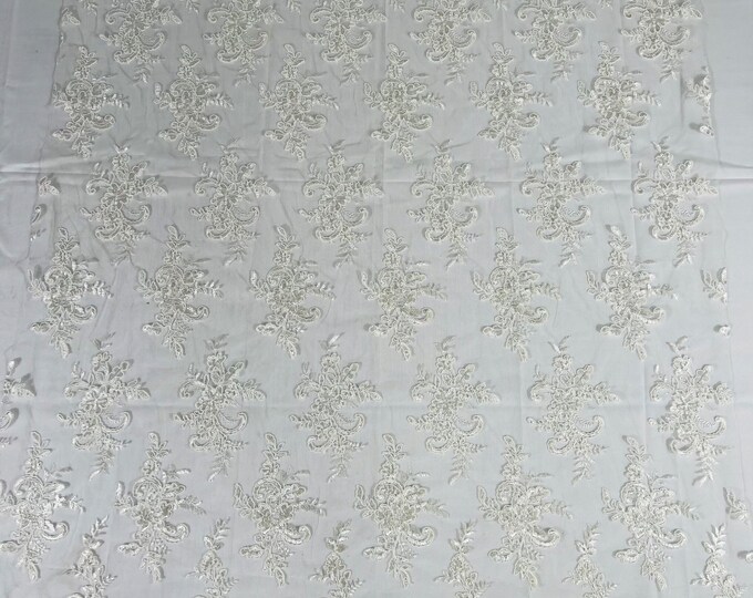 Ivory Floral Lace Fabric, by the yard Embroidery With Sequins on a Mesh Lace Fabric For Wedding-Bridal