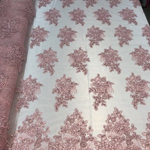 Flower Lace Fabric - Pink Floral Clusters Embroidered Lace Mesh Fabric Sold By The Yard