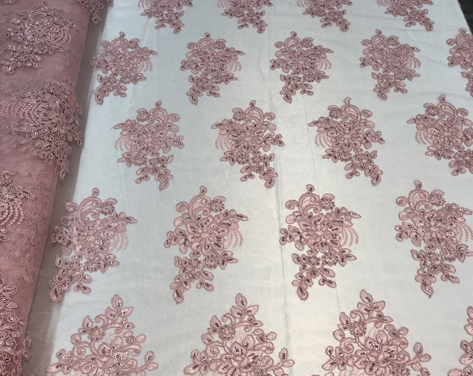 Flower Lace Fabric - Pink Floral Clusters Embroidered Lace Mesh Fabric Sold By The Yard