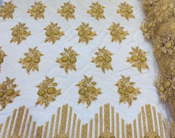 Gold Beaded Fabric, Hand Embroidered Lace Bridal Floral On a Mesh Dress Fabric with Beads By The Yard