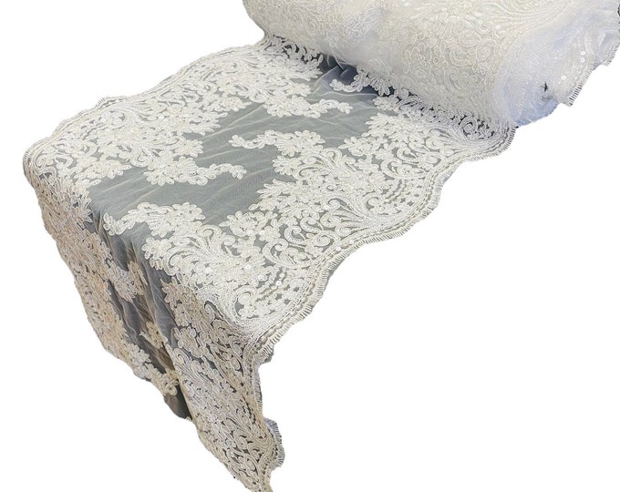 14”Wide White Floral Lace Fabric For Runner, by the yard - Embroidery With Sequins on a Mesh Lace Fabric For Applications