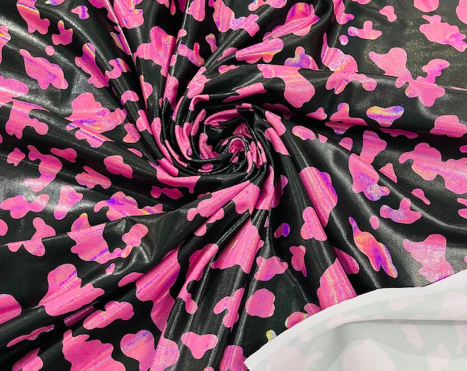 Iridescent Cow Print Spandex Fabric: Black & Hot Pink, 4-Way Stretch