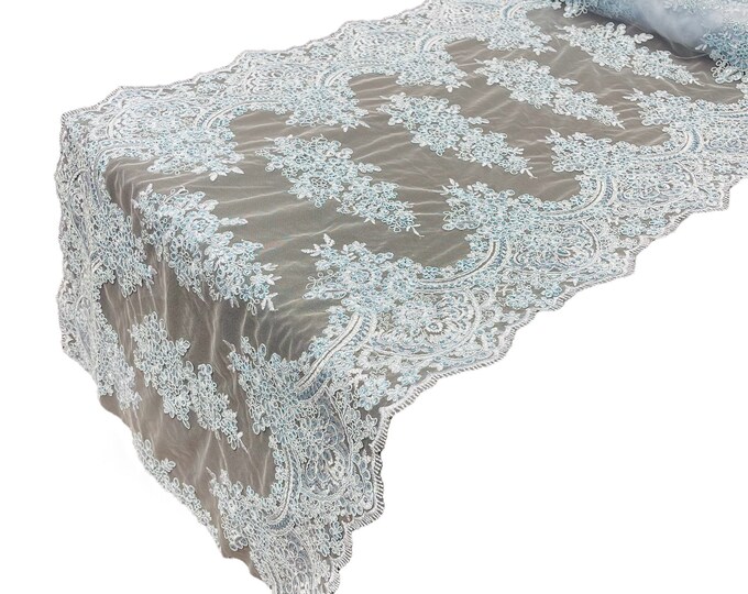 Baby Blue Floral Lace Fabric For Runner 21” Wide, by the yard - Embroidery With Sequins on a Mesh Lace Fabric For Applications Wedding