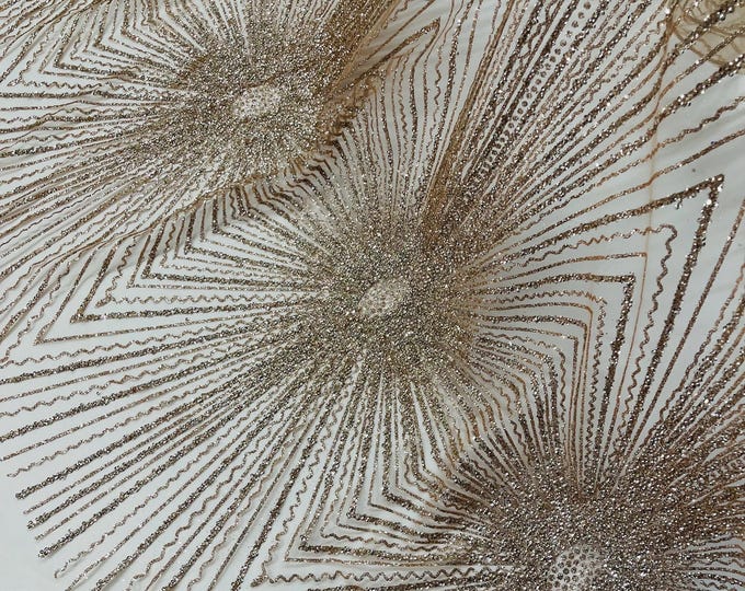 Rose Gold Sparkling Glitter Mesh Fabric By The Yard, Glitters and Sequins Damask Geometric Glitter Fabric Wedding Bridal Decor Prom Glitter